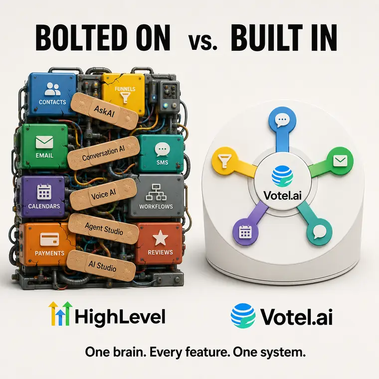Illustration: GoHighLevel shown as a stack of separate modules held together with bandages labeled AskAI, Conversation AI, Voice AI, Agent Studio, and AI Studio, next to Votel shown as one hub with every feature connected to a single core.